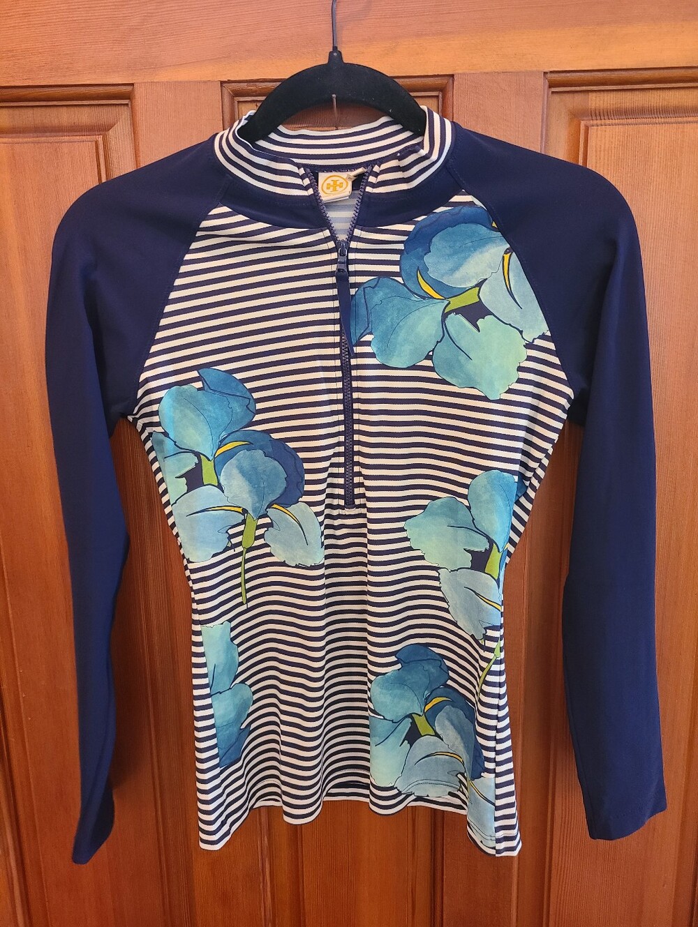 Tory Burch Navy and White Striped Zip Rash Guard with Blue Floral Accent S
